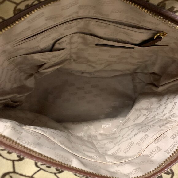 Michael Kor Canvas Monogram Bucket Handbag -Trimmed in Leather, Top Roll Handles - Picture 4 of 5